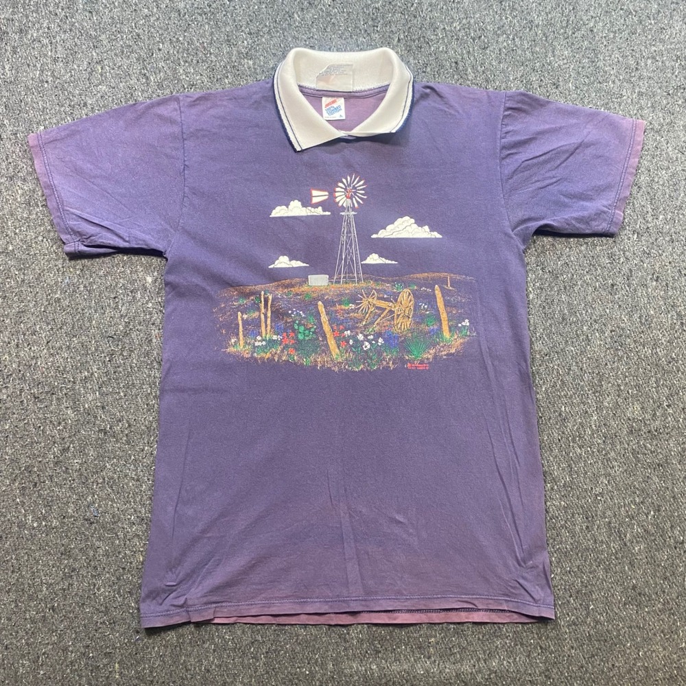 Morning Sun Windmill Graphic TShirt Sz L Womens Purple Boho Western 90s USA Made